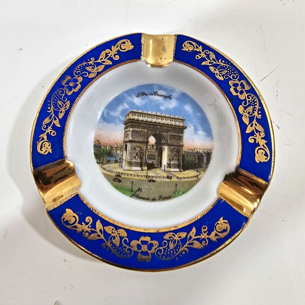 Limoges France Paris Arc de Triomphe Blue/White/Gold Porcelain Ashtray